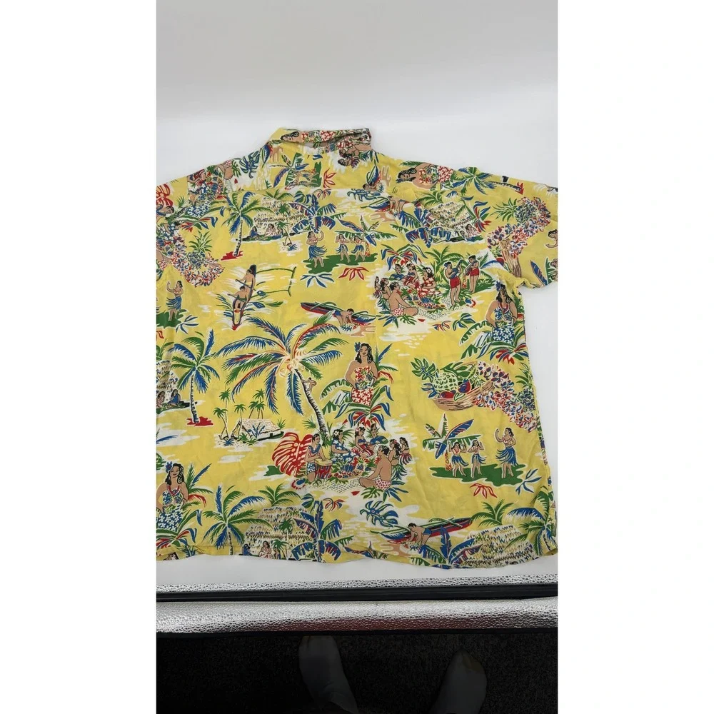 Polo Ralph Lauren Hula Girl Hawaiian Shirt Mens XL Yellow Viscose Tropical Camp